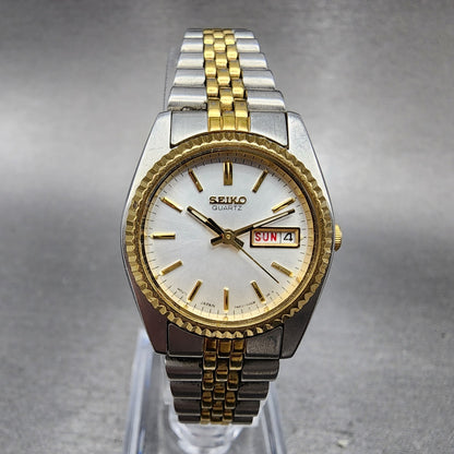 VTG Seiko Watch Women 24mm White Dial Two Tone Daydate Round 7N830041 New Batt0