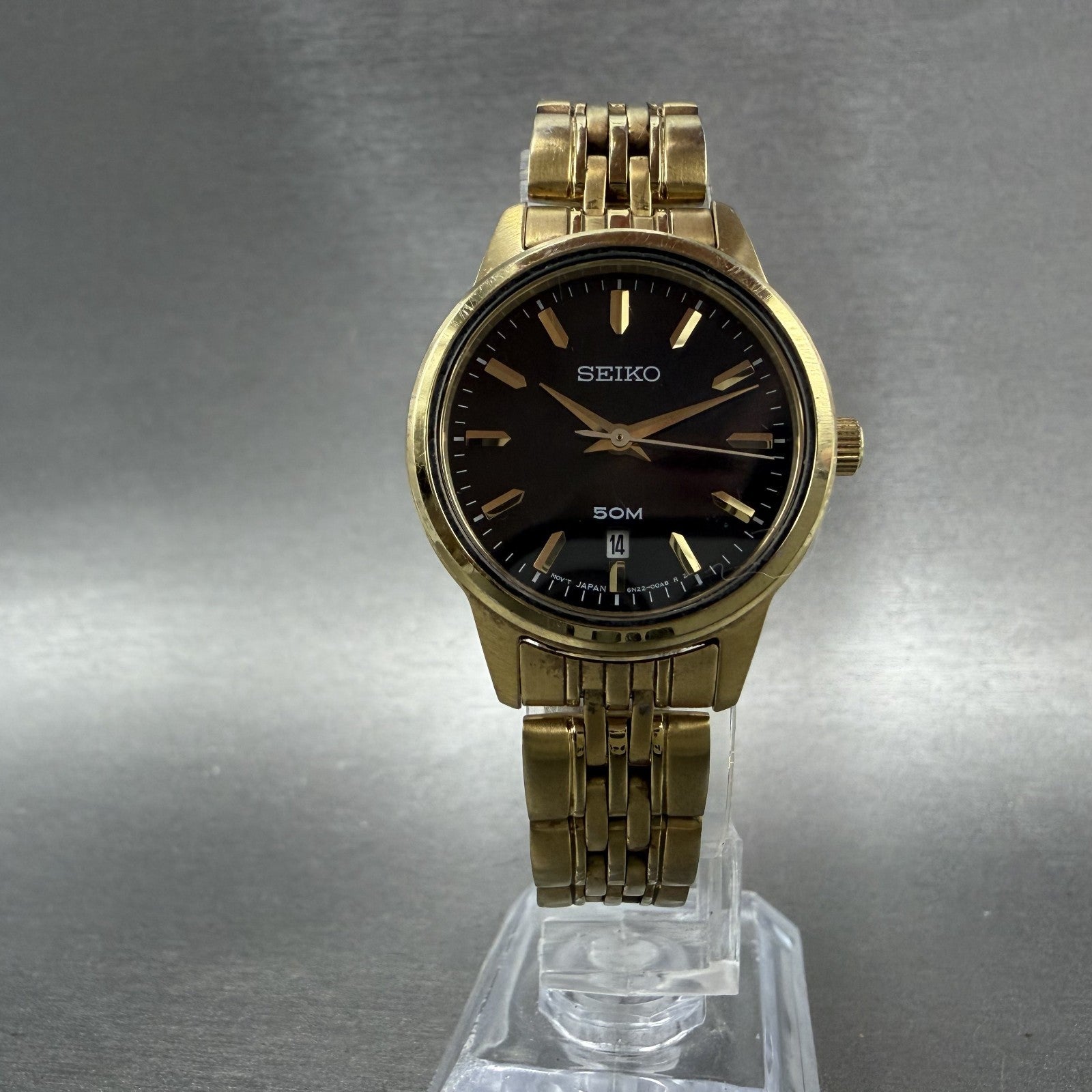 Seiko Watch Women 29mm Black Dial Gold Tone Date Round 6N22-00A0 New Battery AB5