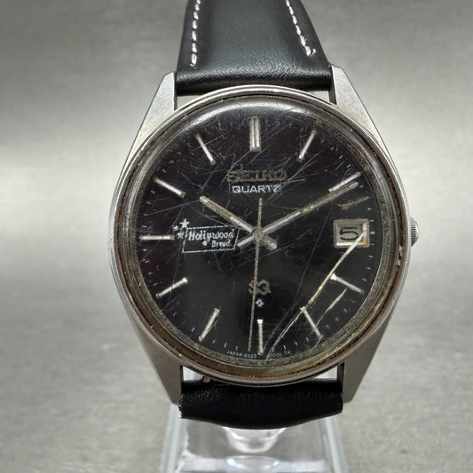 Seiko SQ Watch Men 34mm Black Dial Silver Tone Date 8222-7009 New Battery VTG0