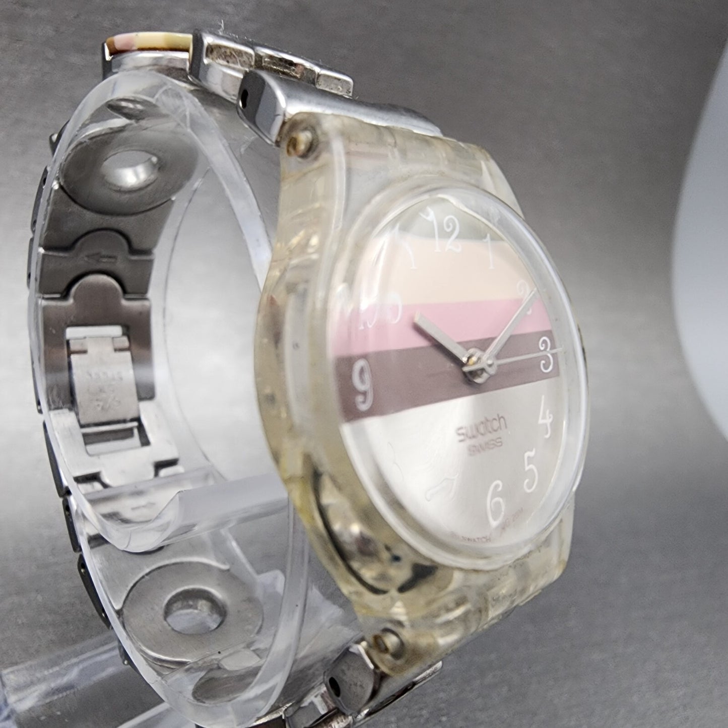 Swatch Metallic Dune Watch Women 25mm Silver Dial Clear Case Round LK258G NewBat3