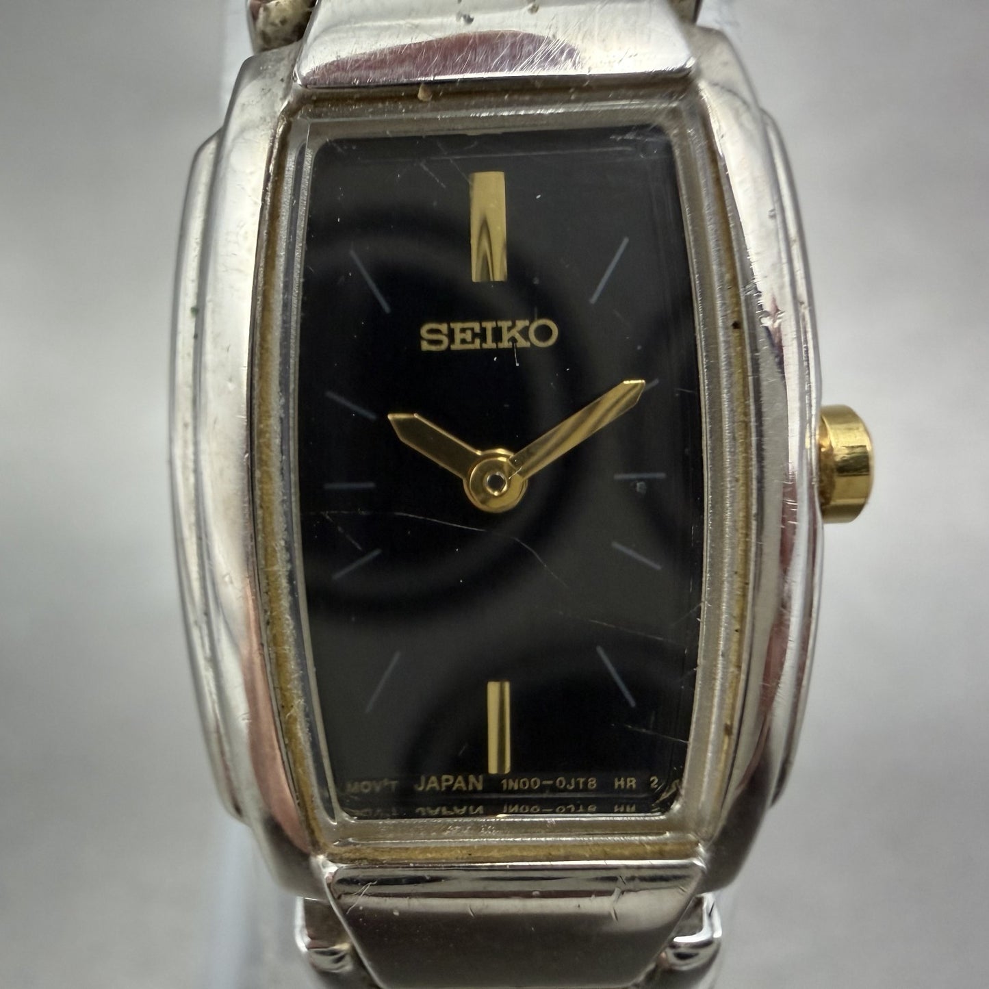 Seiko Watch Women 16mm Black Dial Two Tone Rectangle VTG 1N00-0GA0 New Battery1