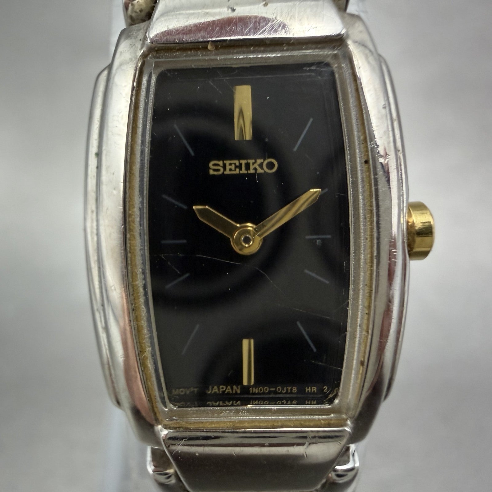 Seiko Watch Women 16mm Black Dial Two Tone Rectangle VTG 1N00-0GA0 New Battery1