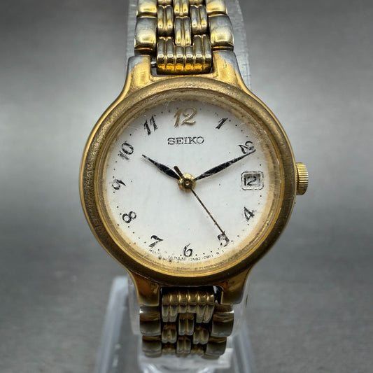 Seiko Watch Women 23mm White Dial Gold Tone Date Round 7N82-0228 New Battery 4560