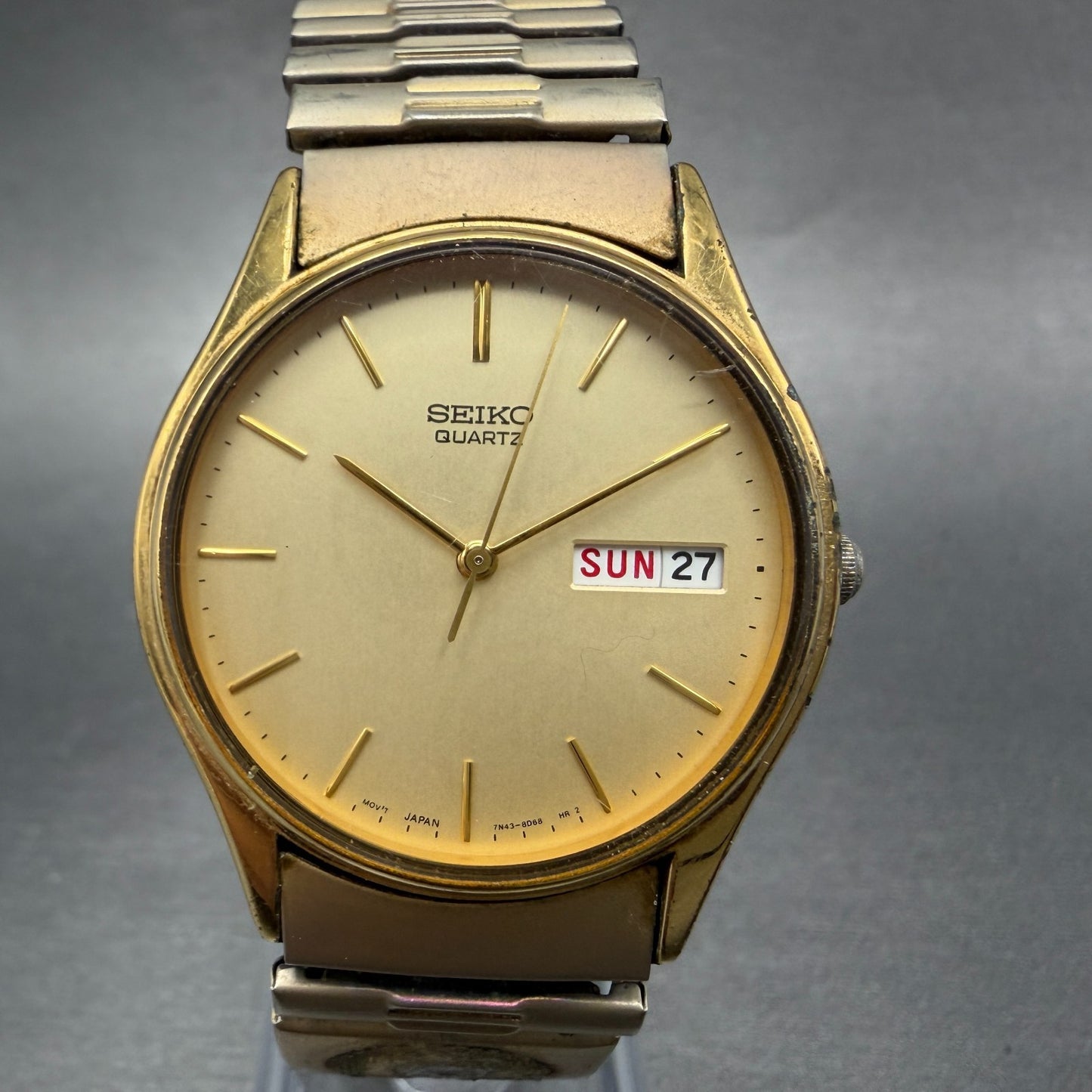 Seiko Watch Men 34mm Champagne Dial Gold Tone Daydate Round New Battery B8700