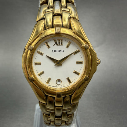 Seiko Watch Women 26mm White Dial Gold Tone Date V789-0369 New Battery JKKJ0