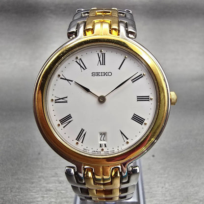 Seiko Watch Men 34mm White Dial Two Tone Date Round 7N39-7029 New Battery VTG0