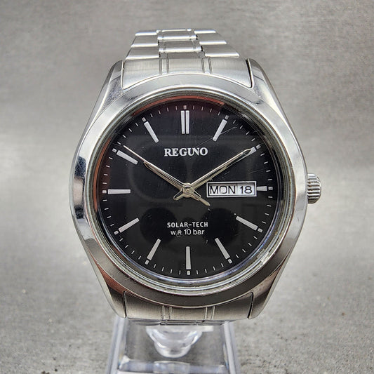 Citizen Reguno Solar Watch Men 38mm Black Dial Silver Tone Daydate Round Runs0