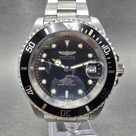 Invicta Pro Diver Automatic Watch Men 40mm Black Dial Silver Tone Date CHIP Runs0