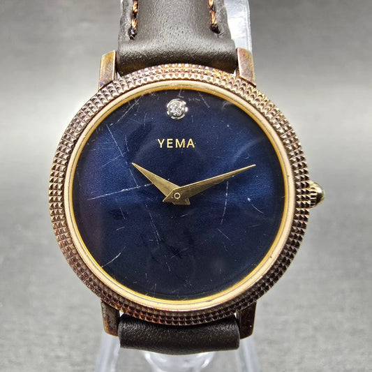 Yema Watch Women 25mm Blue Dial Gold Tone Round Leather Band New Battery0