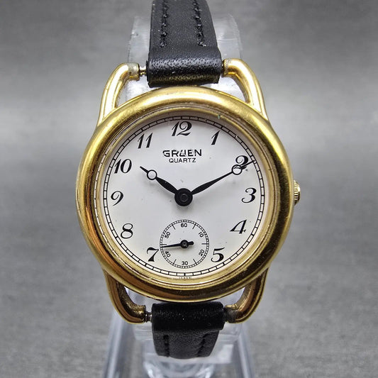 Gruen Watch Women 23mm White Dial Gold Tone Small Seconds Round New Battery0