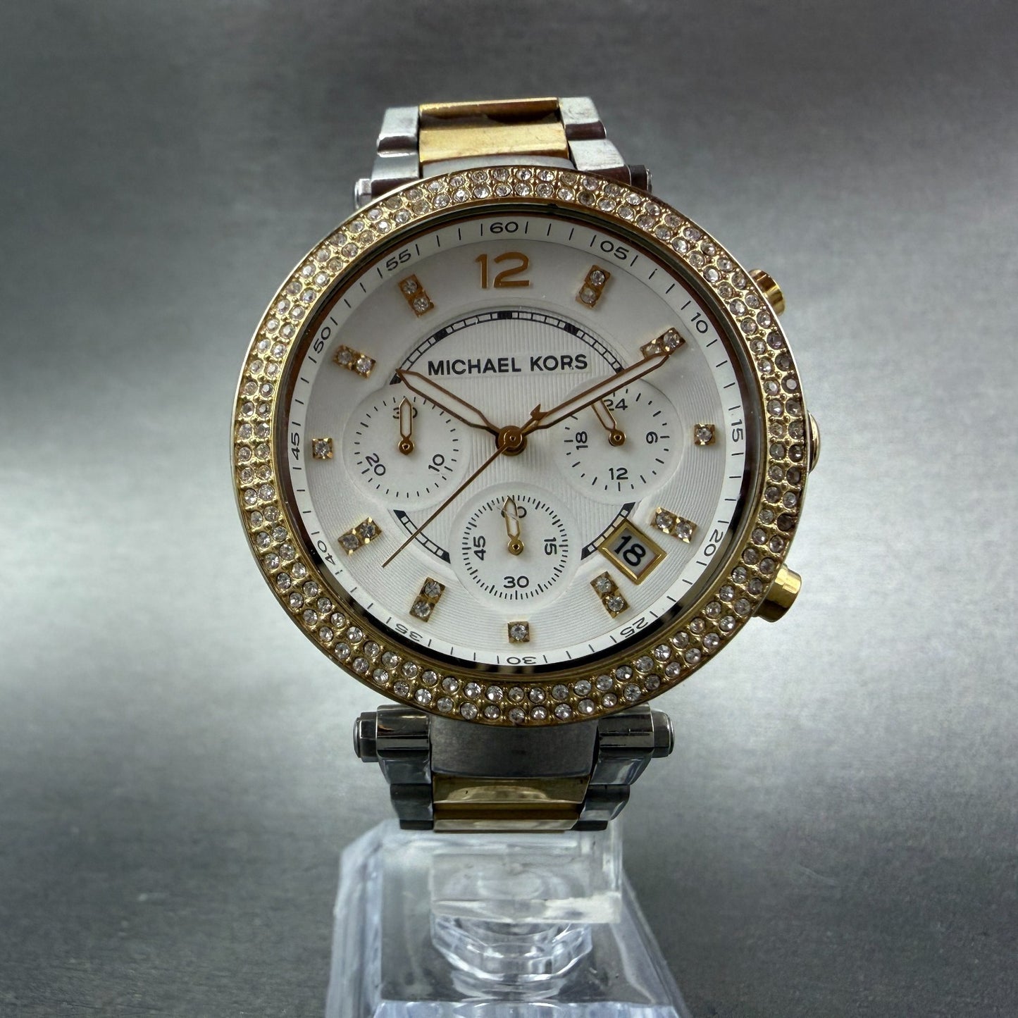 Michael Kors Parker Chronograph Watch Women 39mmWhite Dial Two Tone Date NewBatt4