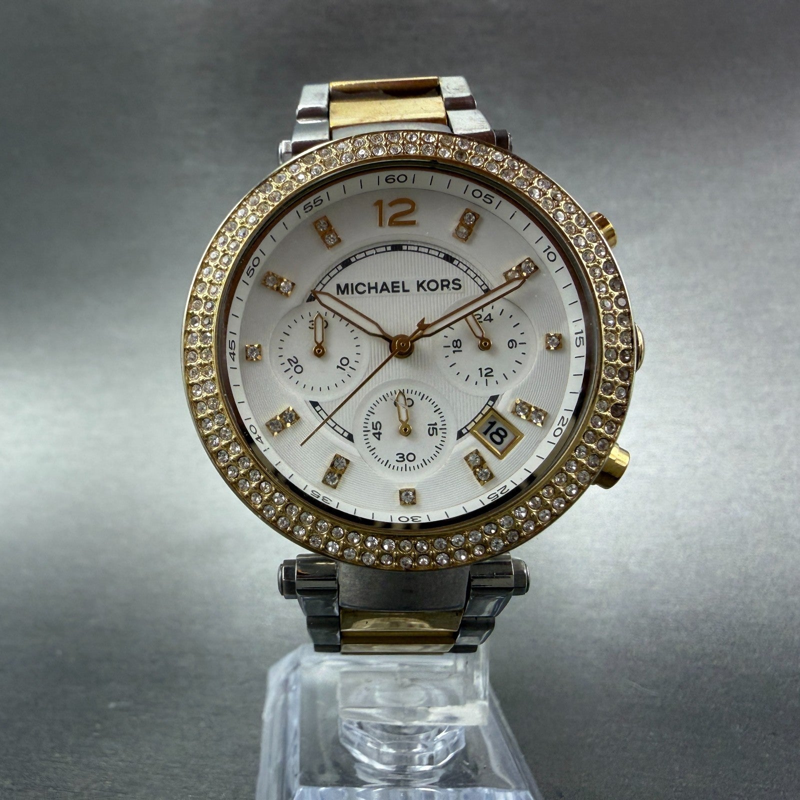 Michael Kors Parker Chronograph Watch Women 39mmWhite Dial Two Tone Date NewBatt4