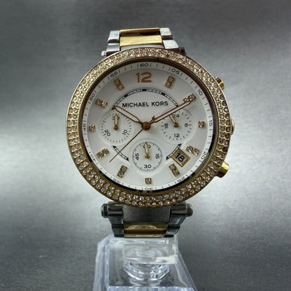 Michael Kors Parker Chronograph Watch Women 39mmWhite Dial Two Tone Date NewBatt4
