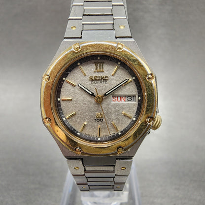Seiko SQ 100 Watch Women 25mm Gray Dial Two Tone Daydate Octagon New Battery0