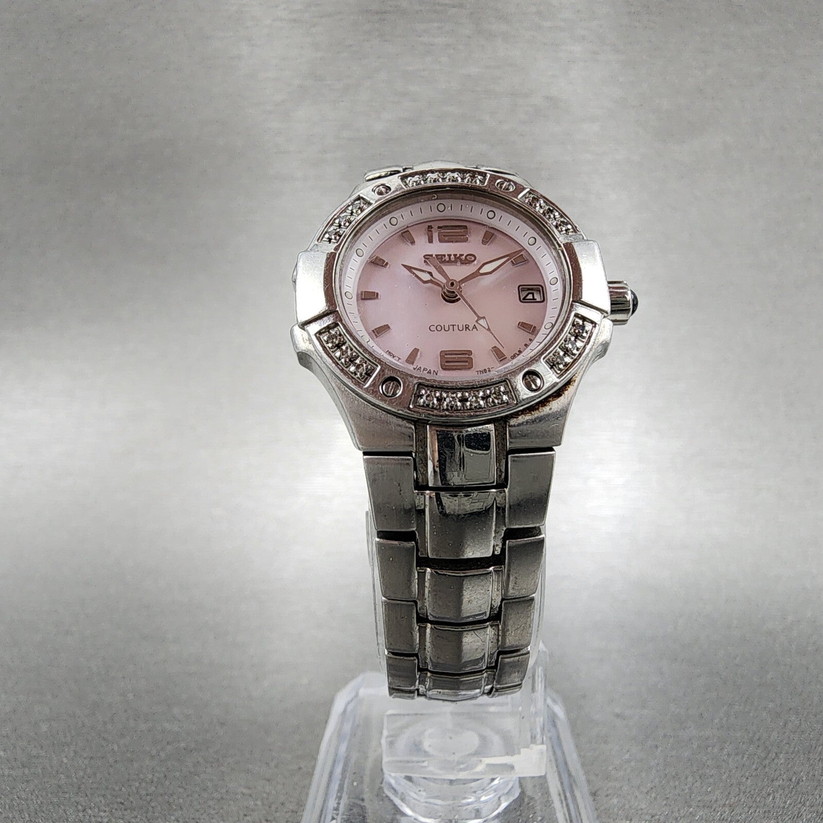 Seiko Watch Women 27mm MOP Dial Steel Date Round Diamonds 7n820CG0 New Battery5
