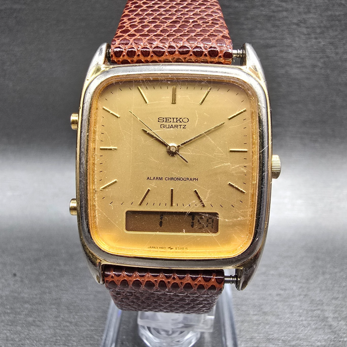 Seiko Watch Men 29mm Gold Dial Gold Tone Chrono Alarm H601-5430 New Battery0
