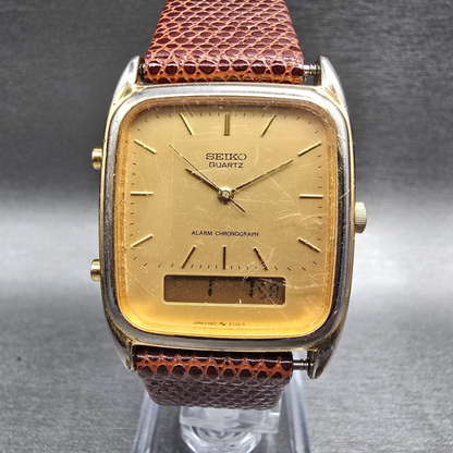 Seiko Watch Men 29mm Gold Dial Gold Tone Chrono Alarm H601-5430 New Battery0