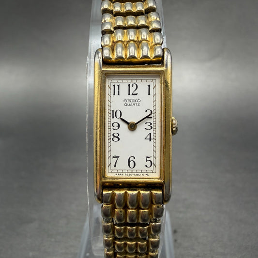Seiko Tank Watch Women 13mm White Dial Gold Tone Rectangle 2e20-6129 New Batt H50