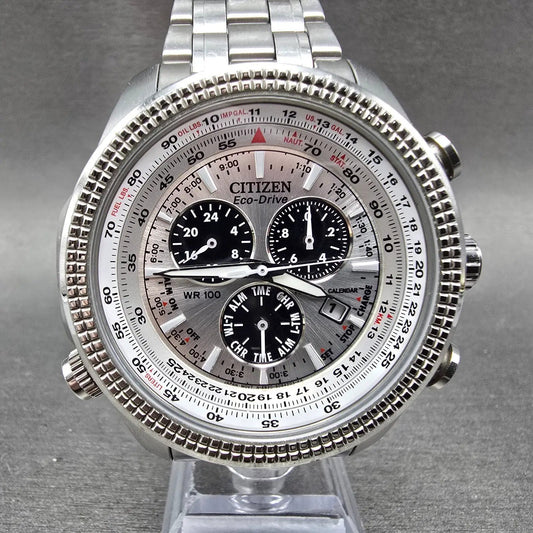 Citizen Eco-Drive Chronograph Watch Men 48m Silver Dial Steel Perpetual Calendar0
