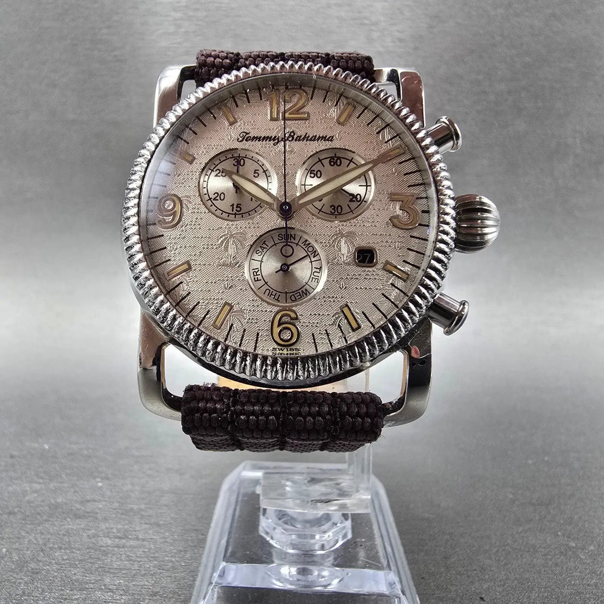 Tommy Bahama Chronograph Watch Men 38mm Cream Dial Steel Date TB1022 New Battery5