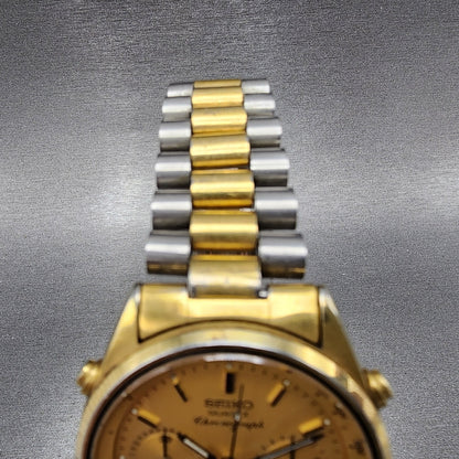 Seiko Chronograph Watch Men 37mm Gold Dial Two Tone 7A28-7020 Round New Battery