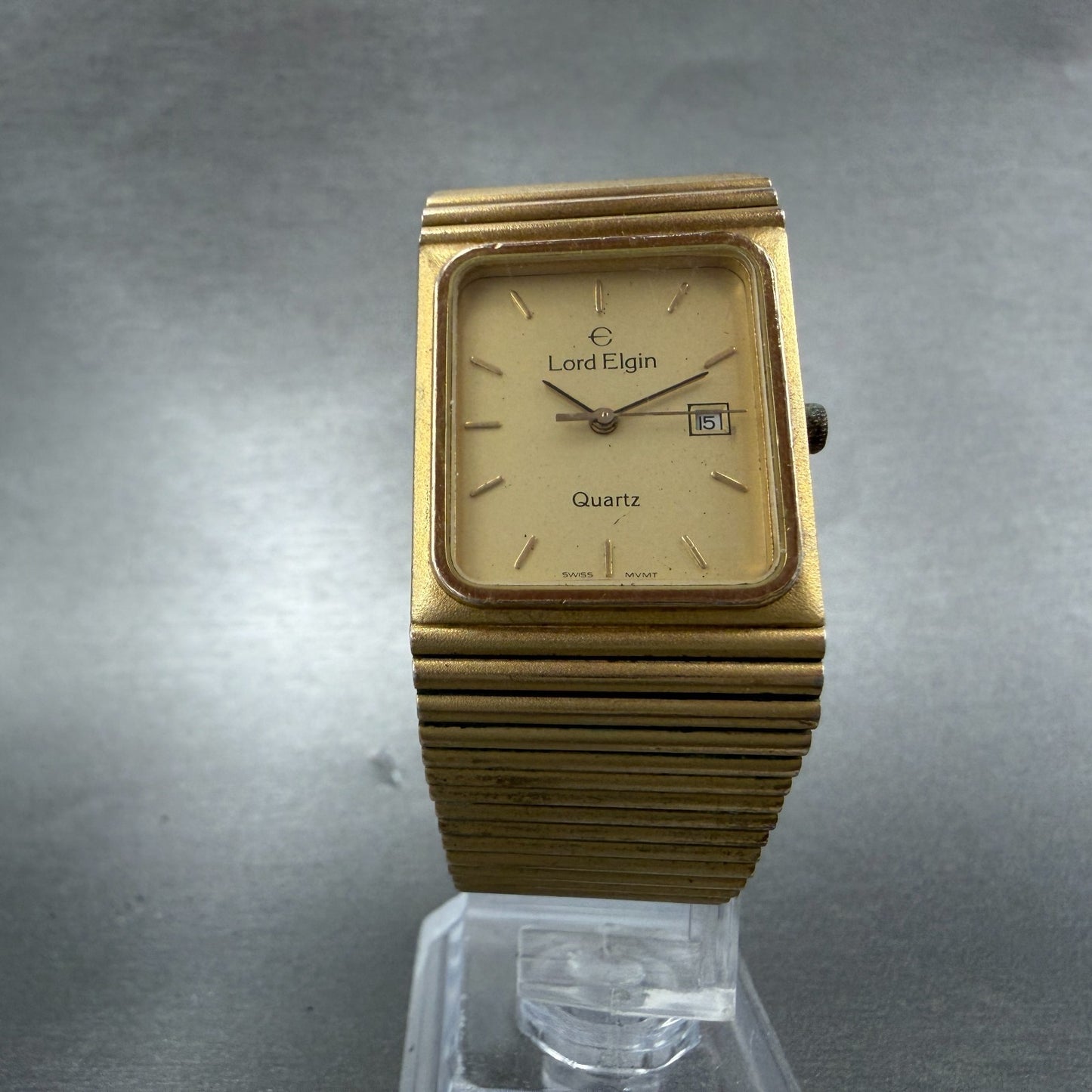 Lord Elgin Tank Watch Men 25mm Champagne Dial Gold Tone Date Rectangle New Batt5