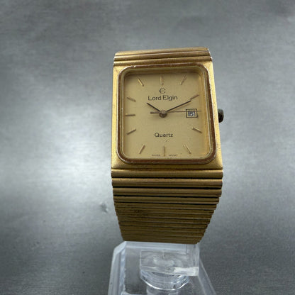 Lord Elgin Tank Watch Men 25mm Champagne Dial Gold Tone Date Rectangle New Batt5