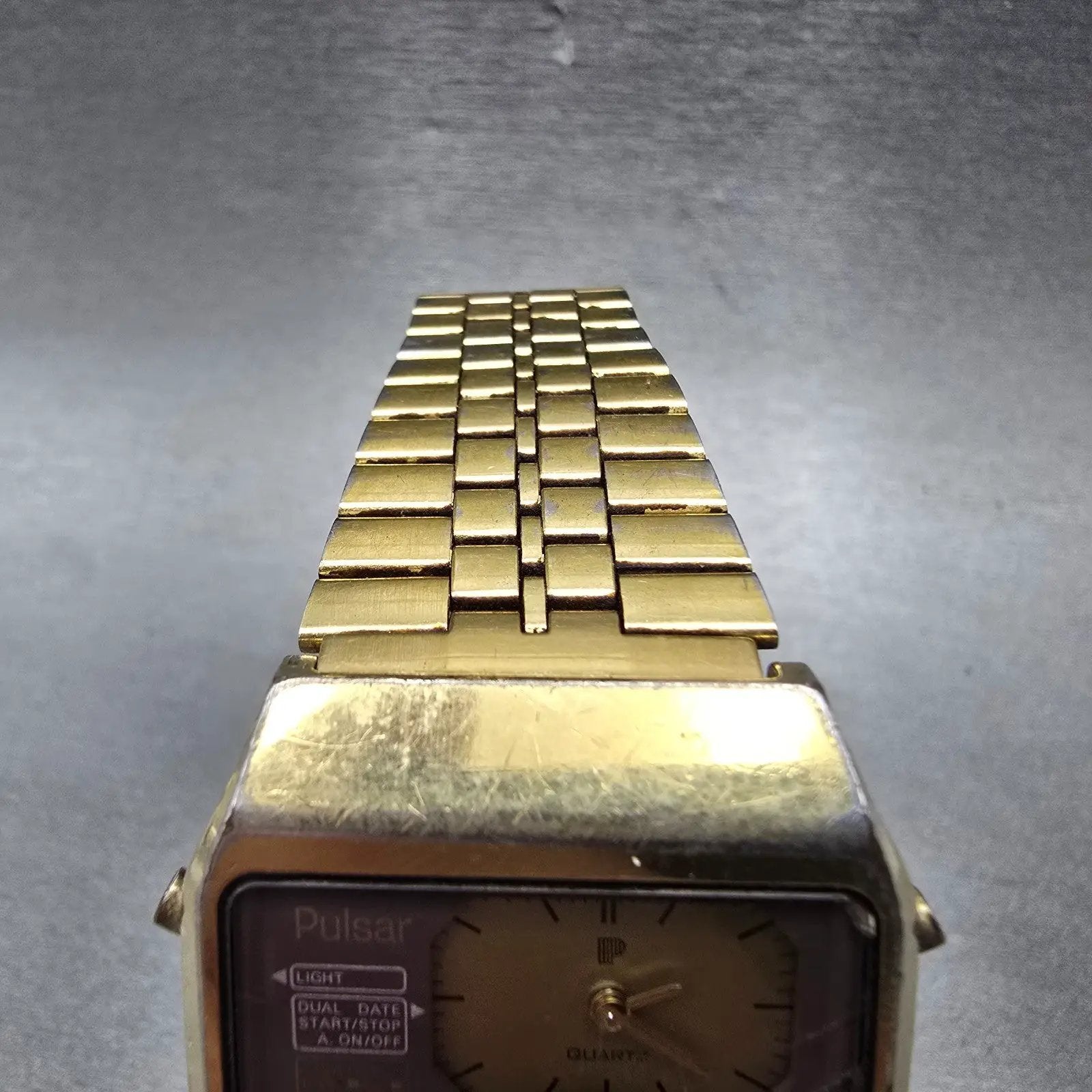 Pulsar Analog Digital Watch Men 32mm Gold Tone Alarm Chronograph Y651 New Battey4