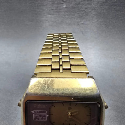 Pulsar Analog Digital Watch Men 32mm Gold Tone Alarm Chronograph Y651 New Battey4