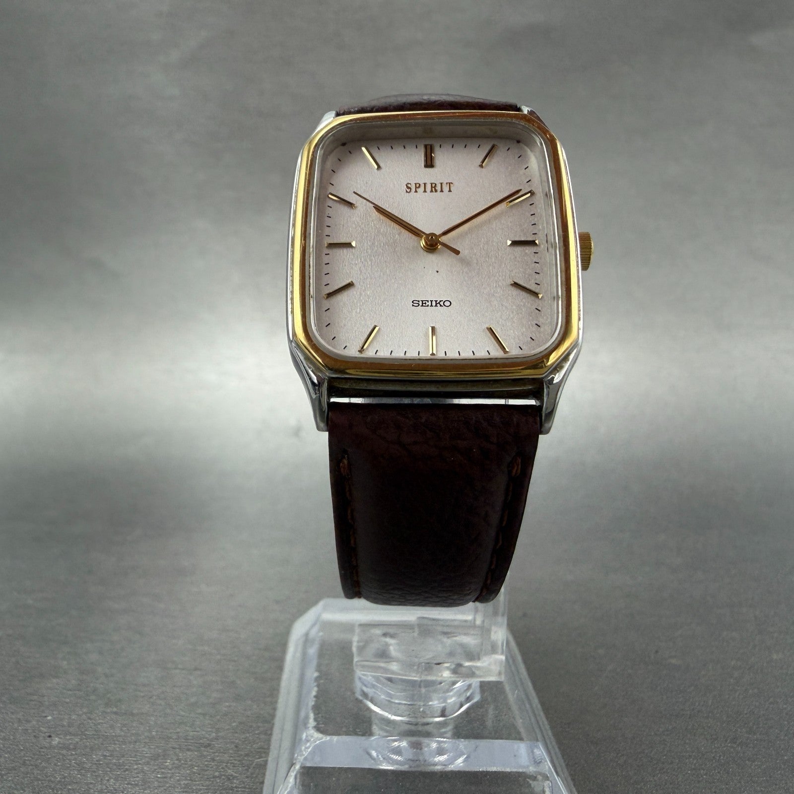 Seiko Spirit Tank Watch Men 27mm Silver Dial Two Tone Rectangle 5E31-5B50 NewBat5