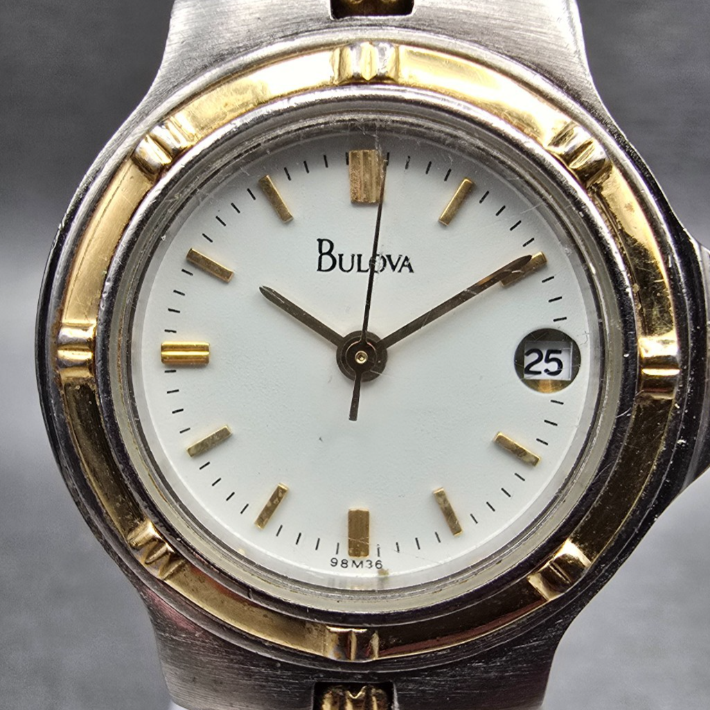 Bulova Watch Women 25mm White Dial Two Tone Date Round 98M36 New Battery JP231
