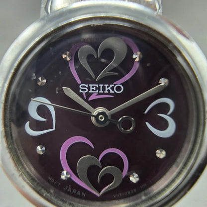 Seiko Solar Heart Watch Women 22mm Purple Dial Silver Tone Round V117-0BB0 Runs1