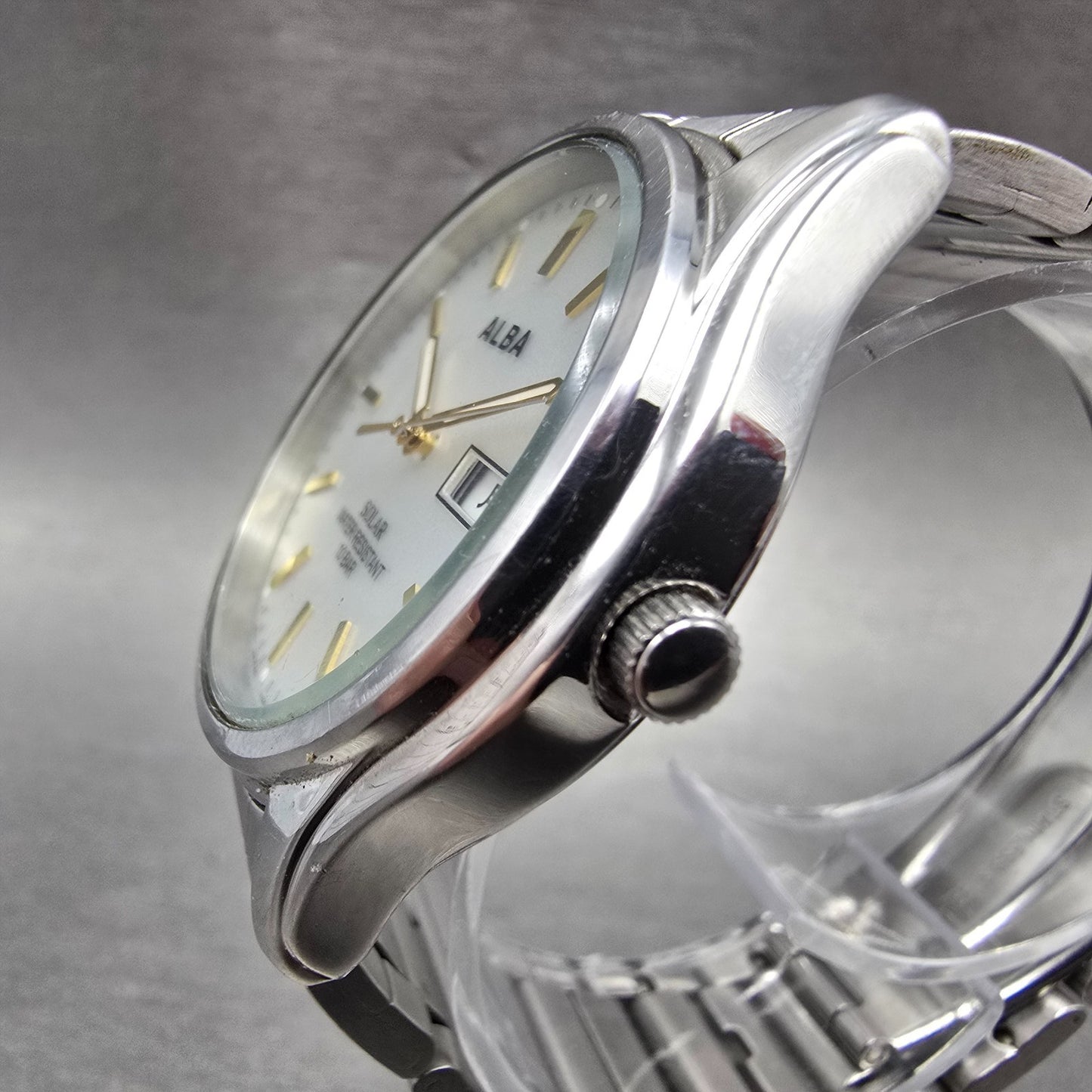 Seiko Alba Solar Watch Men 36mm Silver Dial Silver Tone Daydate V158-0AX0 Runs X2