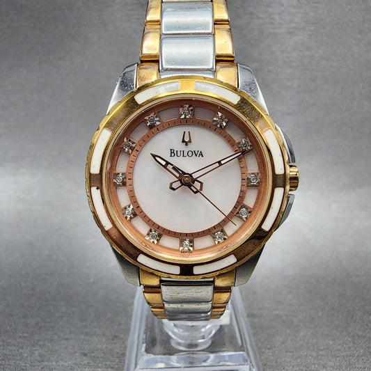 Bulova Diamond Watch Women 32mm MOP Dial Two Tone Round 98P134 New Battery BA120
