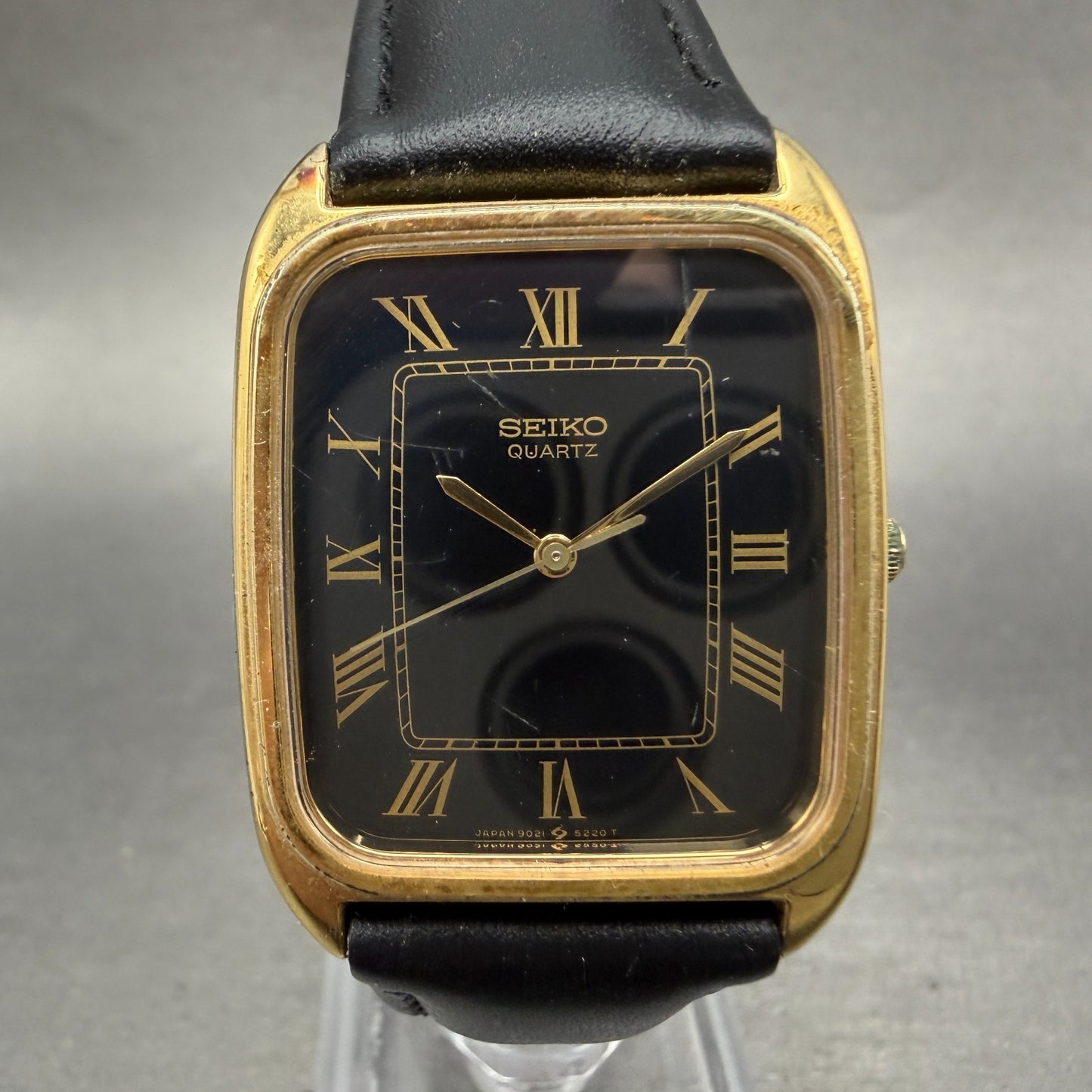 Seiko Watch Men 28mm Black Dial Gold Tone Rectangle 9021-5170 New Battery VTG0