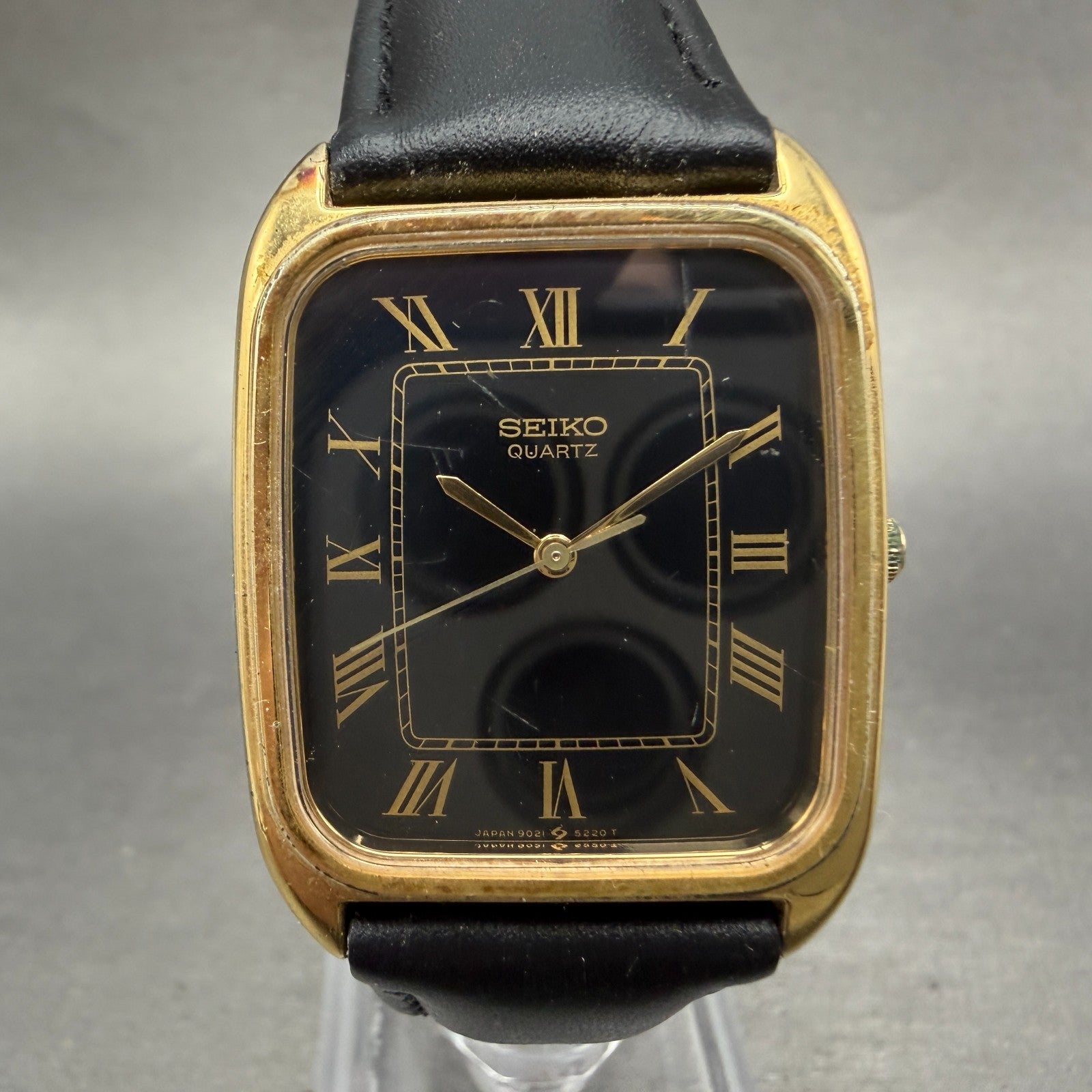 Seiko Watch Men 28mm Black Dial Gold Tone Rectangle 9021-5170 New Battery VTG0