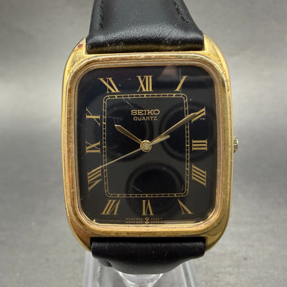 Seiko Watch Men 28mm Black Dial Gold Tone Rectangle 9021-5170 New Battery VTG0