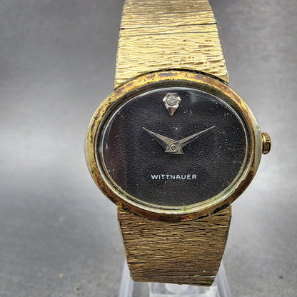 Wittnauer Watch Women 28mm Black Dial Gold Tone Oval Manual Wind Runs VTG0