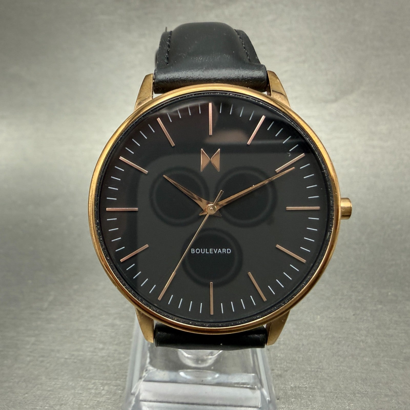 MVMT Boulevard Watch Women 38mm Black Dial Rose Gold Tone Leather New Battery T0