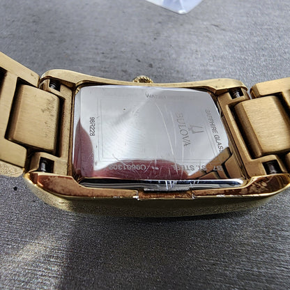 Bulova Sutton Tank Watch Women Black Dial Gold Tone Diamond Bezel New Battery10