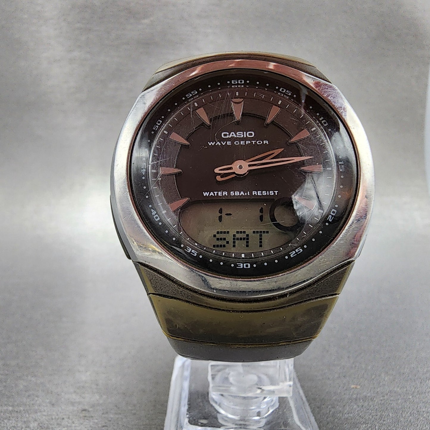Casio Wave Ceptor Watch Men 42mm Black Dial Silver Tone Analog Digital WVA1025