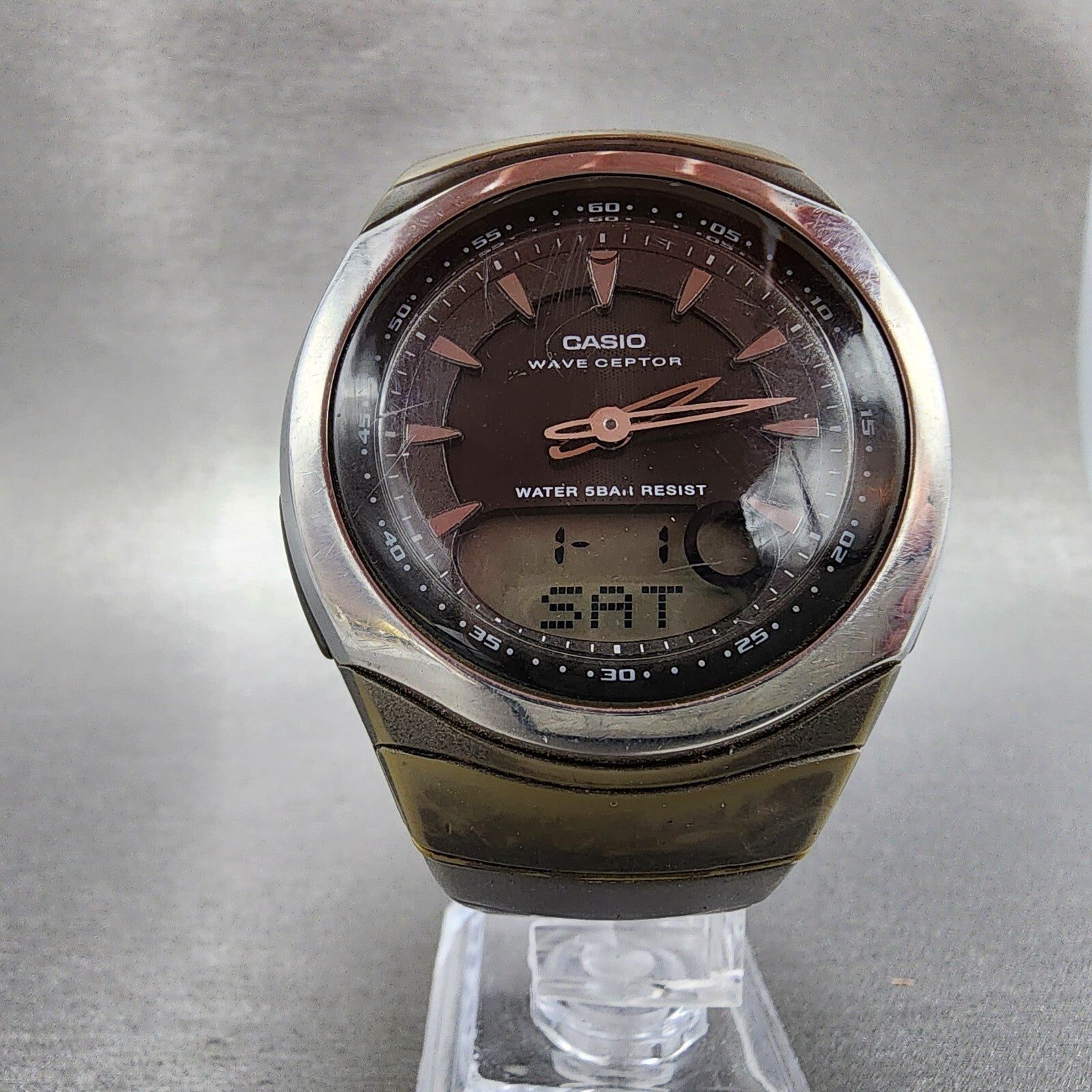 Casio Wave Ceptor Watch Men 42mm Black Dial Silver Tone Analog Digital WVA1025