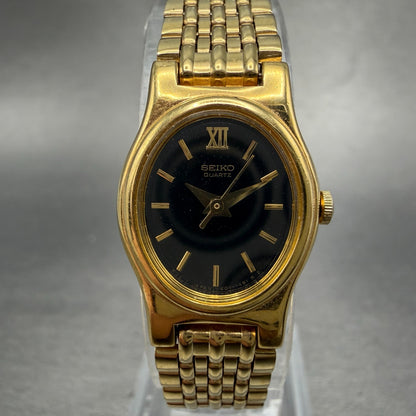 Seiko Watch Women 18mm Black Dial Gold Tone Oval V401-5109 New Battery Vintage0