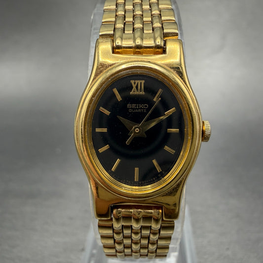 Seiko Watch Women 18mm Black Dial Gold Tone Oval V401-5109 New Battery Vintage0