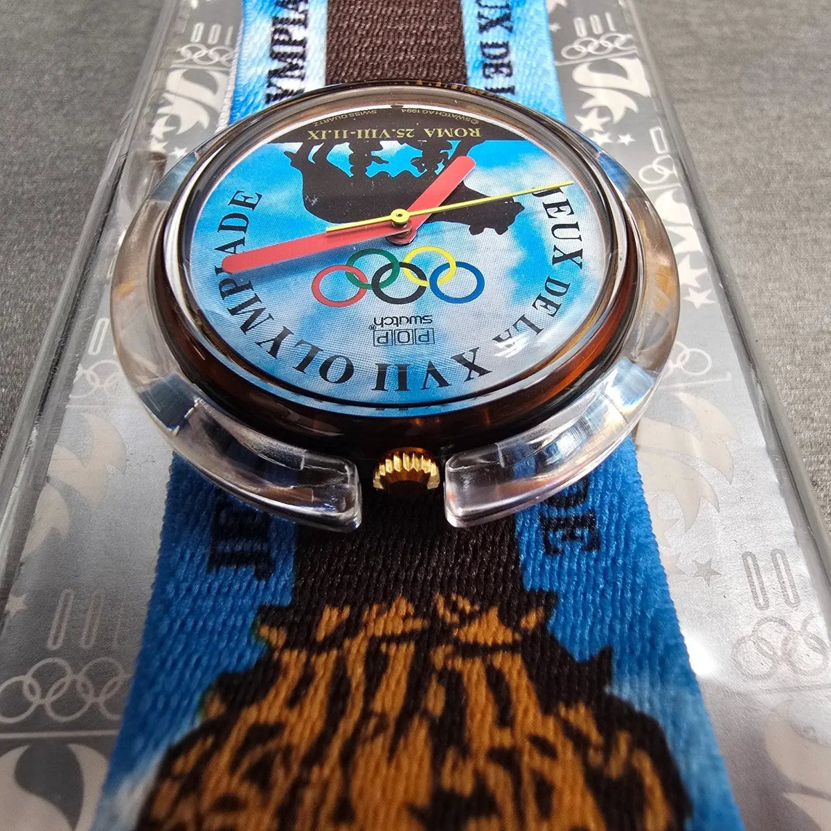 Swatch Pop Roma 1960 Watch Men 40mm Blue Dial Brown Case PMZ101 New Battery NOS6
