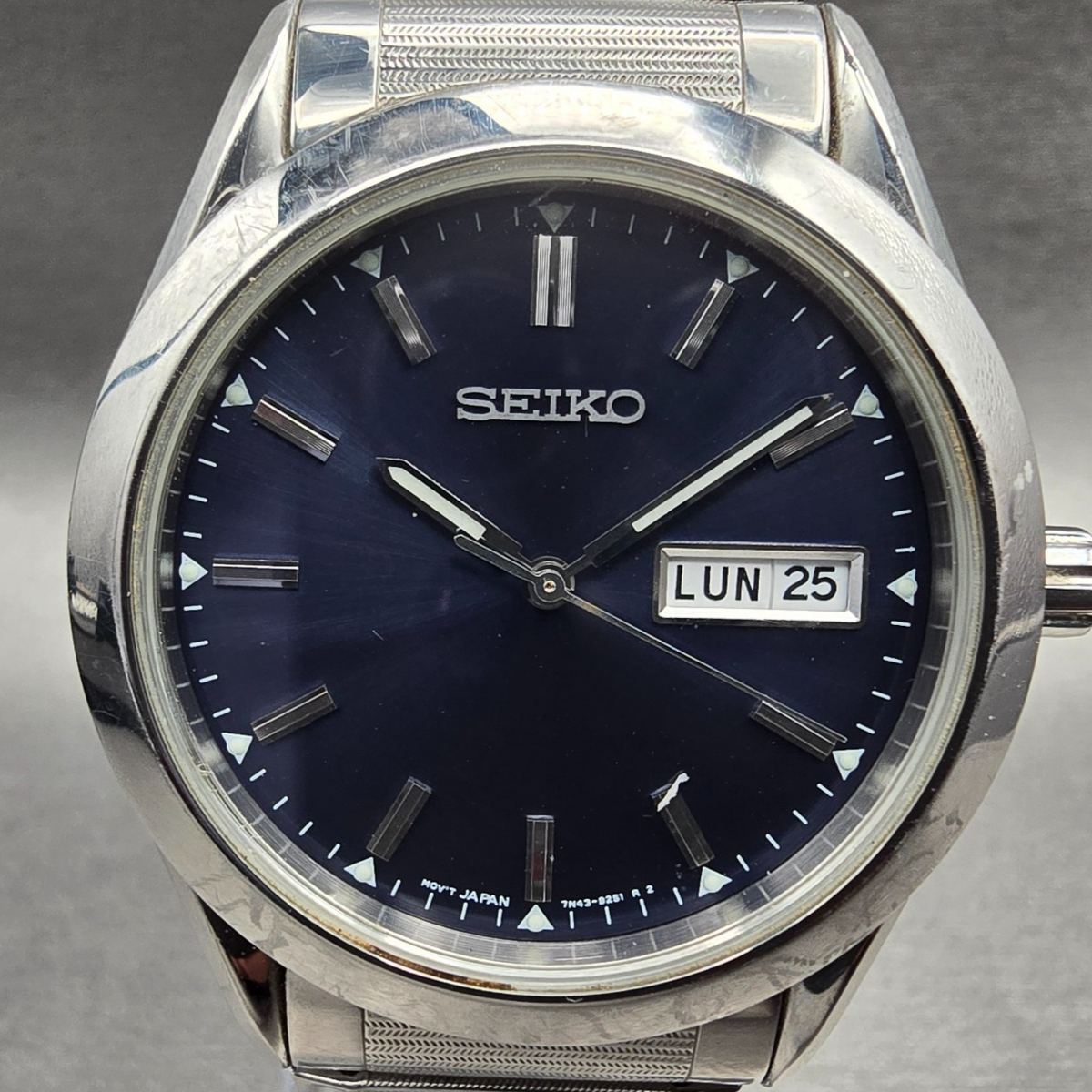 Seiko Watch Men 37mm Blue Dial Silver Tone Daydate Round 7N43-9070 New Battery1