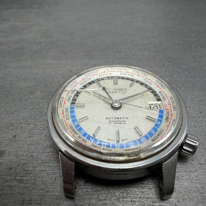Seiko World Time Automatic Watch Men 38mm Silver Dial Steel 6217-7000 Date Runs2