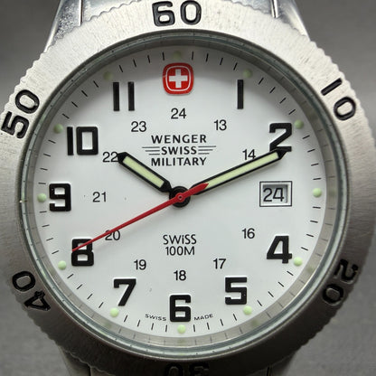 Wenger Swiss Military Dive Watch Men 39mm White Dial Steel Date Round New Batt1