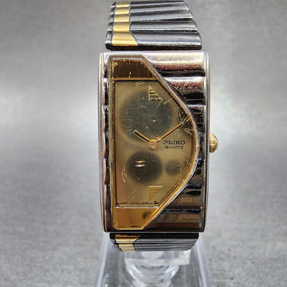 Seiko Half Moon Watch Women 17mm Champagne Dial Black&Gold Rectangle New Battery0