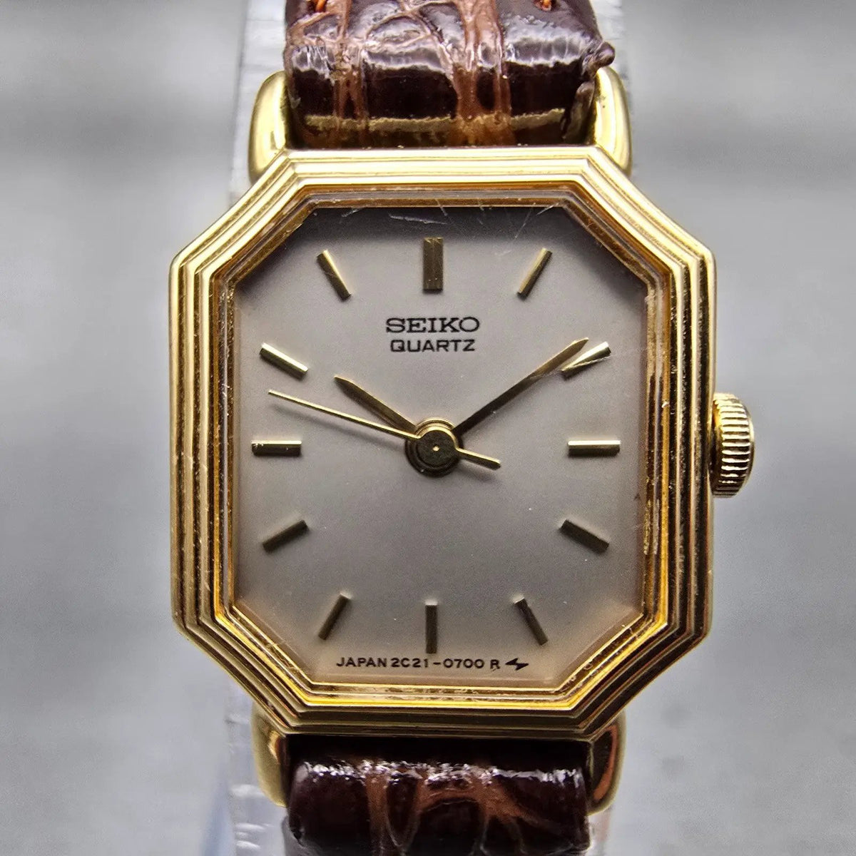 Seiko TankWatch Women 17mm Gray Dial Gold Tone Octagon 2C21-5279 New Battery VTG1